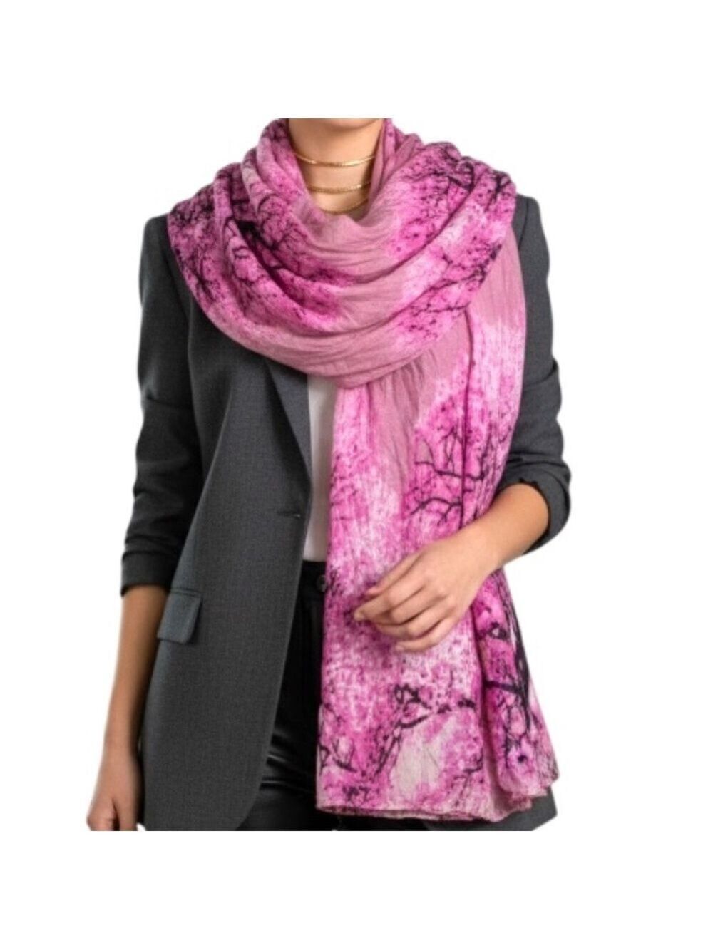 Christina C pink black gauzey cherry blossom floral lightweight blanket scarf